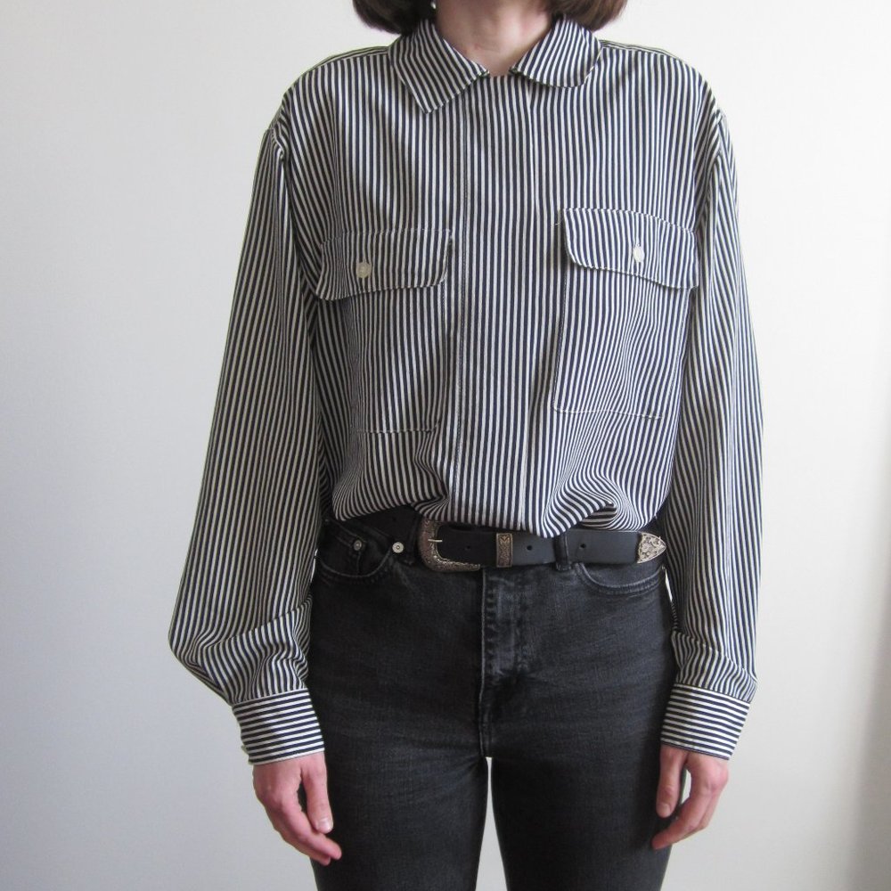 Late 80s-early 90s navy & white striped button-up